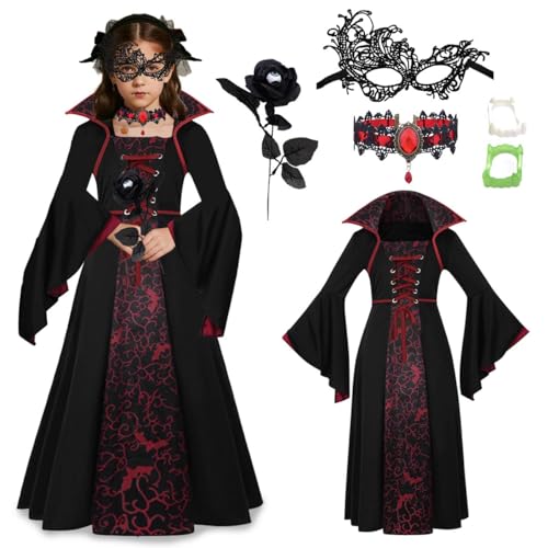 GTJEOI Disfraz Vampira para Niñas, Disfraz de Reina Vampiresa, Disfraces Carnaval Vampiresa Niña con Collar Rosa Anteojeras y Dentadura, Vestido de Vampiro para niñas para Carnaval Cosplay