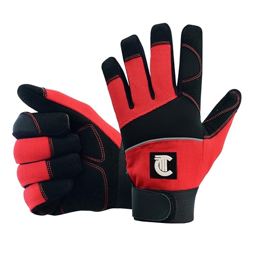 COLOURLINX Safety Work Gloves Gardening Working Gloves Mens Women Mechanic Construction Utility Flexible Padded Palm Protection Touch Screen Breathable Builder Multi-Functional (Red, L)