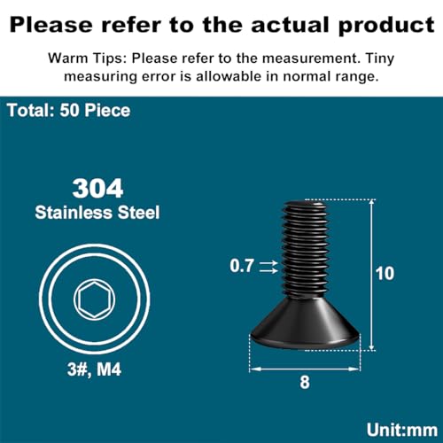 Drenky M4 X 10mm Senkkopfschrauben mit Innensechskant Schwarz Edelstahl V2A VA A2 Senkschraube DIN 7991 / ISO 10642 Vollgewindeschrauben Rostfrei Screws Metrisches Regelgewinde, 50 Stück