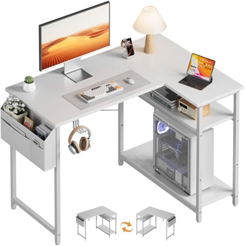 HLONONE Eckschreibtisch, Computertisch mit Verstellbare Ablagen, Umkehrbar Schreibtisch L Form mit Kopfhörer Halter & Aufbewahrungstasche, 110 x 80 cm Bürotisch für Heimbüro und Gaming, Weiß