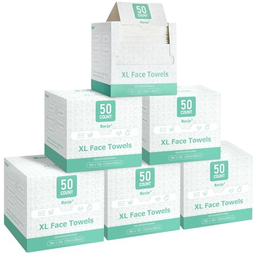 Image of Borje Face Towels XL, Thick Disposable Face Towel 10 inch x 12 inch, 300 Count (6 Packs of 50), 100% USDA Biobased Facial Towelettes, Ultra Soft Makeup Remover Dry Wipes for Women Cleansing