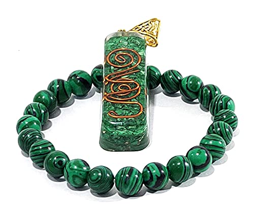 Green Malachite Crystal Stone Bracelet & Orgone Pendant Necklace for Chakra Balancing Reiki Spiritual Immunity Healing Positive Energy Generator Yoga Meditation For Men & Women-image-4