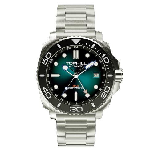 TOPHILL Luxury Dive Watches for Men 300M Waterproof, Automatic GMT Watch, Super Luminous, Screw-Down Crown & HEV, Ceramic Bezel, 316L Stainless Steel & Sapphire Crystal - Diver's Watch