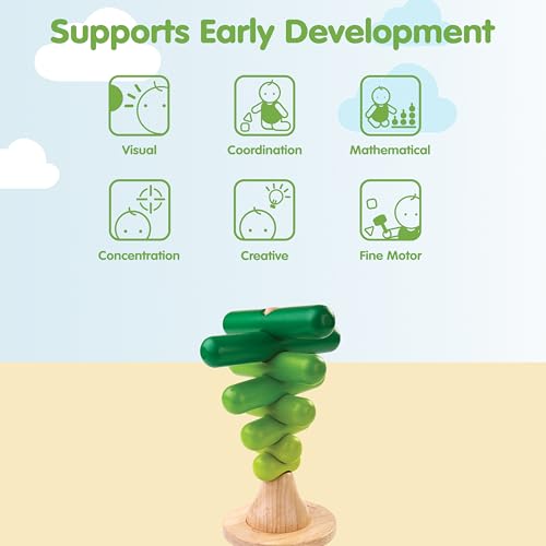 Image of PlanToys Montessori Wooden Tree Stacking Toy | Educational Color Sorting & Fine Motor Skill Playset for Toddlers | Sustainable & Safe Wooden Learning Toy