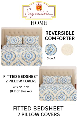 Image of Signature Reversible Super Soft Double Bed Comforter /Quilt Set 350 GSM - 88x90 inches | King Size Fitted Elastic Bed Sheet with 2 Pillow Covers | All-Season Ultra Cozy Bedding Set (Azure Royal)