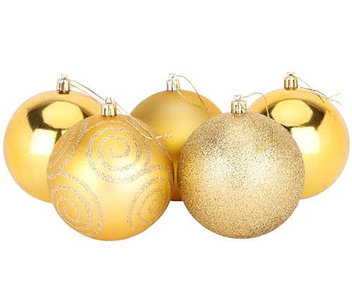 Christmas Concepts® 5er Pack - Extra große 100mm Christbaumkugeln - Glänzend, Matt & Glitterdekorierte Kugeln (Gold)