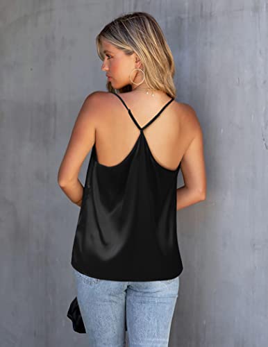 Ekouaer Womens V Neck Mesh Tank Top, Silk Satin Camisole, Shirt Blouse, A-Black, Medium, Sleeveless #TOP3