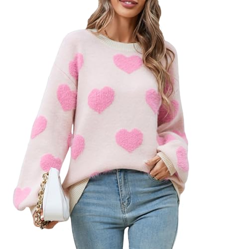 Image of Women's Cute Heart Sweater Love Print Valentine Romantic Knitted Top Casual Crewneck Long Sleeve Sweaters Pullover