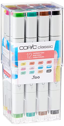 COPIC Classic Set «Vivid Colours», juego de 12 rotuladores con punta media y fina en expositor acrílico