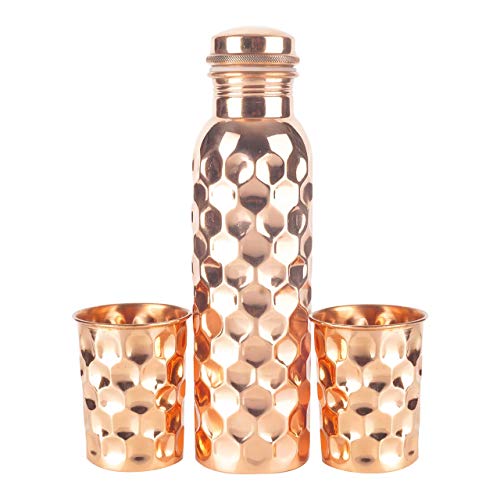 100% Pure Solid 34 Oz Copper Bottle With Two Copper Glasses Set (Diamond) #TOP1