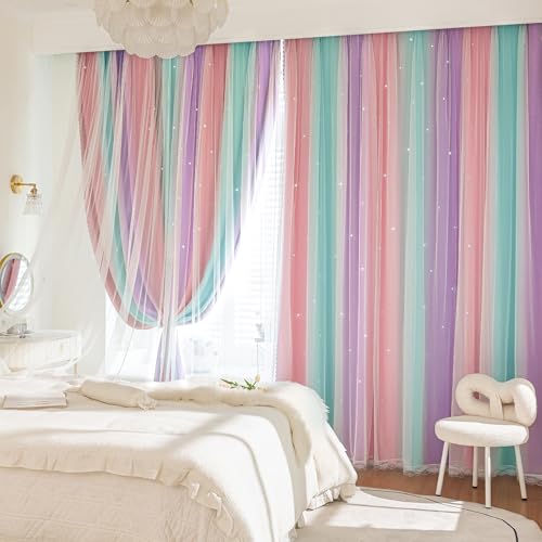 Image of Extra Wide Curtains 84 Inches Long 100 Inch Wide for Girls Bedroom Patio Sliding Door Kids Blackout Curtains for Nursery Room Darkening Rainbow Princess Unicorn Wall 1 Panel 100x84 Pink Purple Green