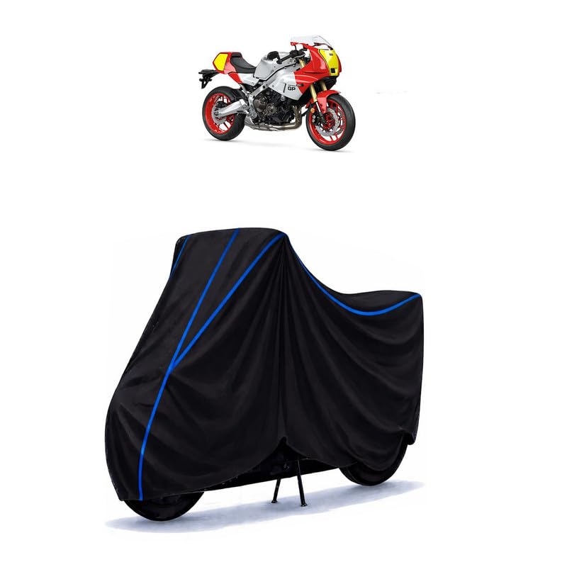 Image of XSR 900 GP Bike Cover Water Resistant Universal Motorcycle Rain | Heavy Duty UV Protection, Dust, Scratch Indoor Outdoor All Weather with Black Blue Piping Elastic