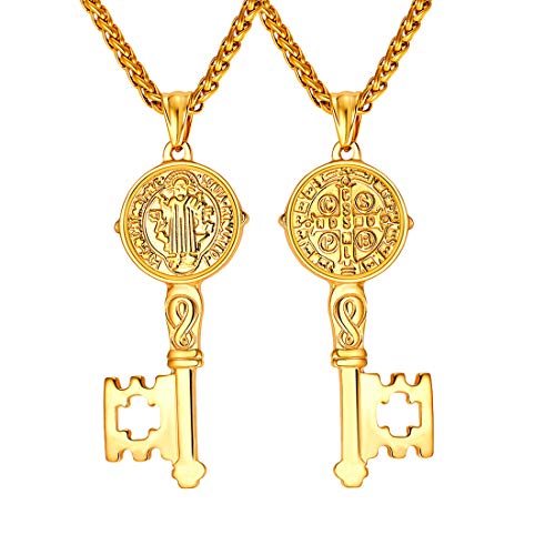 U7 Men Women 18K Gold Plated Chain Christian St Benedict Medal Key Pendant Necklace #TOP16