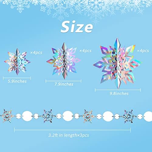 15Pcs Frozen 3D Hanging Snowflakes Decorations, Holographic Snowflakes Garland Silver Snowflakes for Winter Wonderland Decorations Frozen Birthday Party Supplies