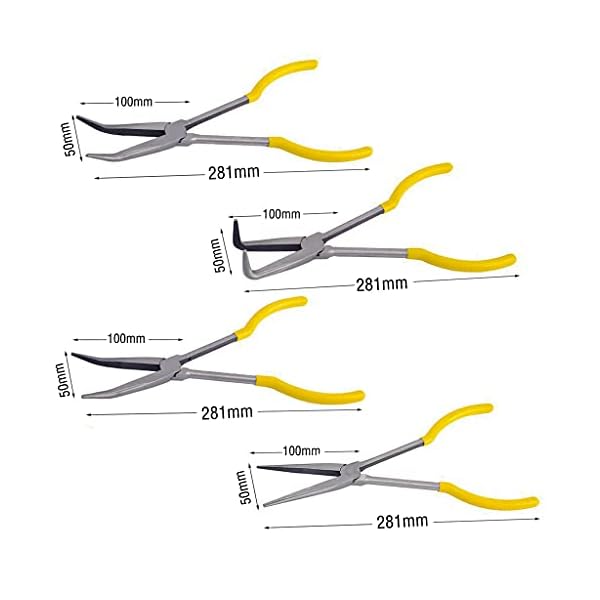4Stk Spitzzange Lange 11" Zangen-Set Gerader/Gebogen/Runde Klemmkopf mit Soft-Griff 25 °/ 45 ° /90 ° für Handwerkzeug Zuhause Werkzeug – Bild 3