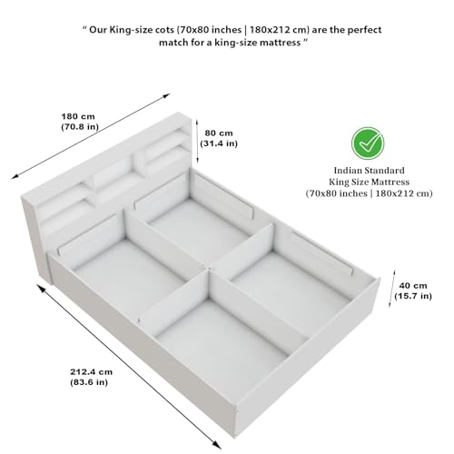 Image of VIKI Utility King Size Bed with Storage (70x80) | Engineered Wood Bed Frame for Bedroom | Modern Box Storage Cot | Frosty White Finish | Free Assembly | 1 Year Warranty