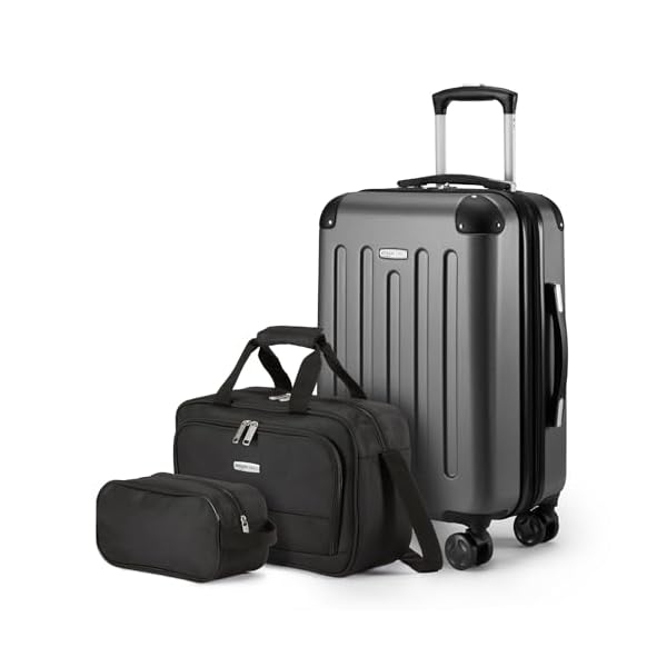 Amazon Basics 3-Piece Luggage Set with Spinner Wheels, Including 22" Expandable Hardside Carry-On Suitcase, 15-inch Tote Bag, and 10-inch Compact Travel Bag, Black