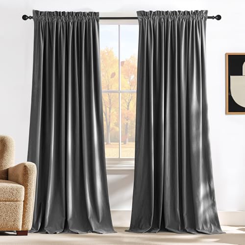 NICETOWN Grey Velvet Blackout Curtains 108 inches Long for Bedroom and Living Room, 52 X 108 Soundproof and Sunlight Reducing Heavy Matt Rod Pocket Drapes for Home Theater High Celling Wall (2 Panels)