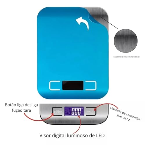 Balança de Cozinha Inox Digital de Precisão para Alimentos - Visor de Alta Definição Pesagem até 10k