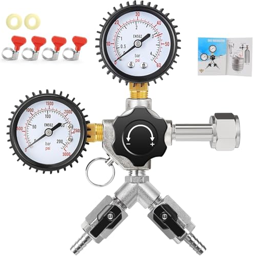 MRbrew Dual Outlet CO2 Regulator for Kegerator Dual Output CGA-320 Draft Beer Regulator with 0-60 PSI Working Pressure & 0-3000 PSI Tank Pressure, Beer Brewing Equipment for Home
