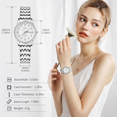 Image of OLEVS Watches Women with Date Silver Stainless Steel Luxury Ladies Watches with Small Writs Diamond Watches for Women Waterproof Elegant Dress Quartz Analog Women's Wrist Watches Reloj de Mujer