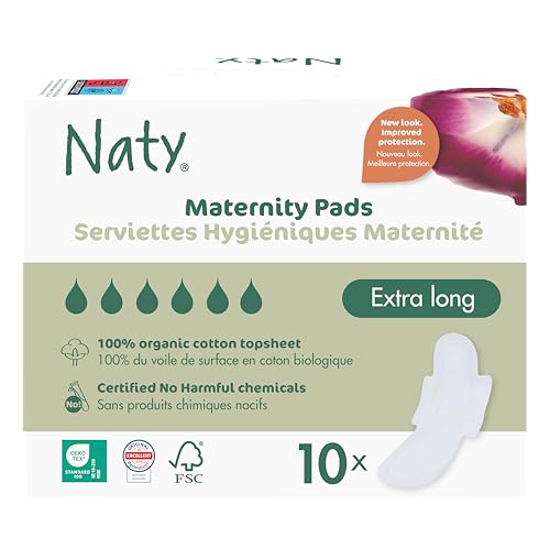 Naty compresas posparto con alas | 100% algodón orgánico certificado en contacto con la piel | Seguras para piel sensible, sin fragancia y sin plástico convencional | Toallas suaves | 10 unidades