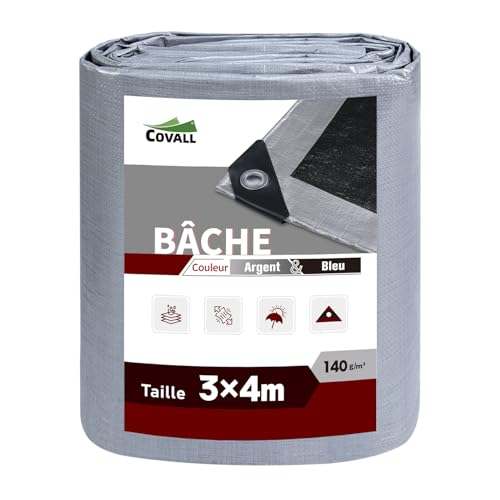 Covall Bâche Imperméable Bâches de Protection en Polyéthylène 140g/m² Robuste 3x4m Étanche Renforcé Trou Soudé Résistant à la déchirure Toit Polyvalent Pool Truck RV Camping Tente Jardin Argent/Noir.