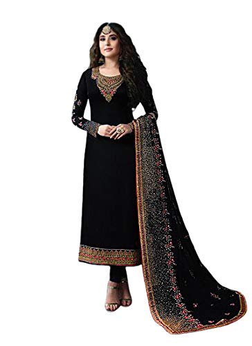Image of Miss Ethnik Women's Black Georgette Semi Stitched Top With Unstitched Santoon Bottom and Faux Georgette Dupatta Embroidered Straight Kurta Dress Material (Salwar Suit Set) (ME-1-976-Black)