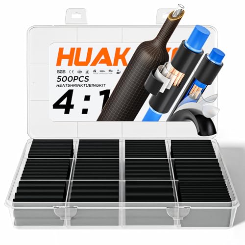 500PCS 4:1 Heat Shrink Tubing Kit with Adhesive Liner, Marine Grade Dual Wall, Waterproof Electrical Wire Wrap Assortment – Industrial & Automotive Heat Shrink Tube Kit (Black)