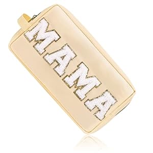 Preppy Makeup Bag with Strap, Nylon Waterproof Travel Toiletry Bag for Women Girl, Preppy Stuff Chenille Letter Patch Cosmetic Pouch with Zipper (Beige, Mama)