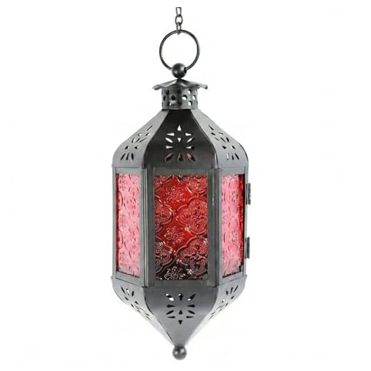 Vela Lanterns Hanging Decor Moroccan Lamp Decorative Lantern Indoor Outdoor Candle Holder for Patio, Weddings, Christmas, Red Glass