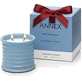 Scented Luxury Candles in Handmade Ceramic Jars, Soy Wax | Day On The Sea – Cypress & Cedar, Large Candle | Non Toxic, 2 Wicks, Reusable Big Blue Jar | Natural Spring Aromatherapy for Women & Men