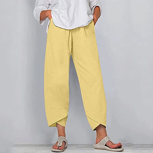 Image of Womens Cotton Linen Capri Pants Casual Elastic Printed Ankle Pants | Cotton Linen Capri Pants for Women 2025 Casual Printed Cropped Palazzo Pants Elastic Waist Lounge Baggy Trousers