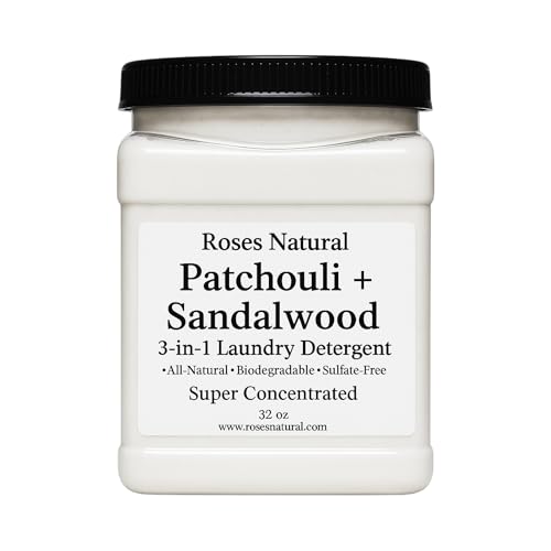 Patchouli + Sandalwood 3-in-1 Super Concentrated Laundry Detergent, 32 OZ, HE Compatible, Stain Remover, Softener, Essential Oils Scented, All-Natural, Sulfate-Free, Made in the USA.
