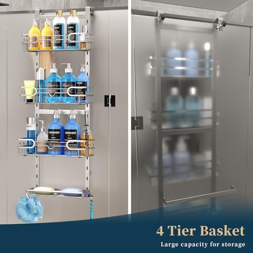 Consumest Over The Door Shower Caddy - 4 Tier Adjustable Hanging Shower Organizer Shelf with 2 Soap Holders & 22 Hooks, Rustproof Easy Installation Hanging Storage Rack for Bathroom, Silver by Consumest - Used condition - Image 6