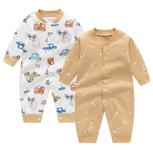 Image of Egaivtya Newborn Baby Boys 2 Pack Cotton Romper Outfits Infant Long Sleeve One-Piece Toddler Button Jumpsuits