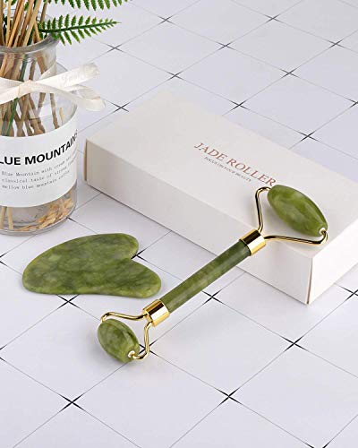 Jade Roller For Face, Jade Roller And Gua Sha Set, Euasoo 100% Real Natural Beauty Jade Facial Roller Massage Tool For Face Eyes Neck Body – Anti Aging Beauty Treatment #TOP7