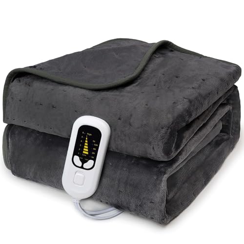 Alltoneed - Soft Flannel Electric Blanket,Machine Washable 150x200cm Heated Throw Blanket with 12HR Timer and 6x Control Heat Settings