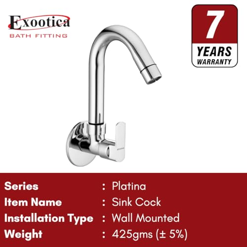 Image of Chrome Finish Silver Sink Cock | Wall Mounted Faucet for Kitchen & Utility Use - Sleek & Durable Design - Platina