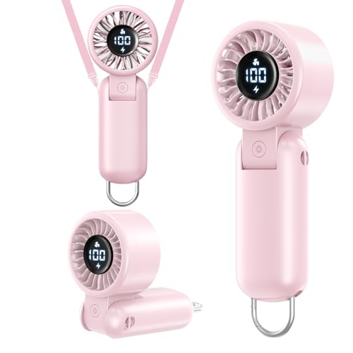 Handventilator mit LED-Anzeige, Mini Ventilator Tragbar Akku Wiederaufladbar, Faltbar USB Tischventilator, Taschenventilator Leise 5 Stufen, Kleiner Nackenventilator für Outdoor, Reisen - Rosa F2605