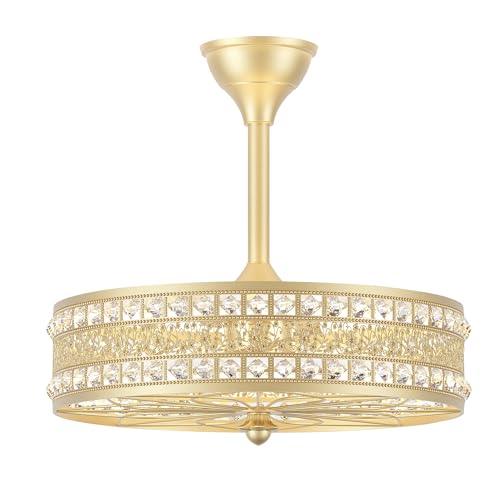 Fandelier Ceiling Fan with Light,Gold Crystal French Glam Drum Chandelier Fan, Decorative Elegant Caged Bladeless Hanging Pendant Light Fixture for Girls Room, Bedroom, Dining Room, Kitchen Island