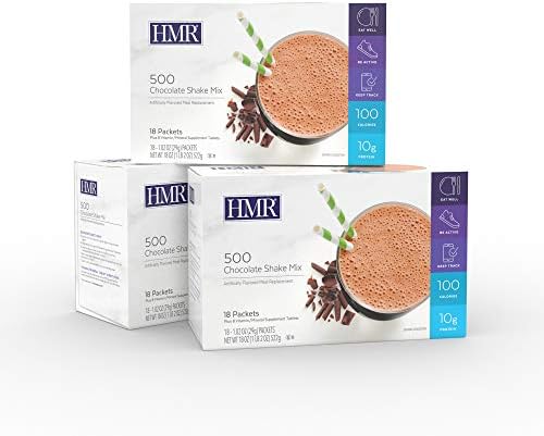 HMR 500 Chocolate Shake Meal Replacement Triple Pack, 10g Protein, 100 Cal, 3 Boxes of 18 Single-Serve Powder Packets