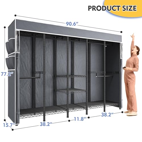 Raybee 90.6" W Extra-Large Clothes Rack with Cover, Freestanding Clothing Racks for Hanging Clothes, Heavy Duty Closet Organizer System, Portable Wardrobe Closet, Adjustable Garment Rack, Black - Image 3