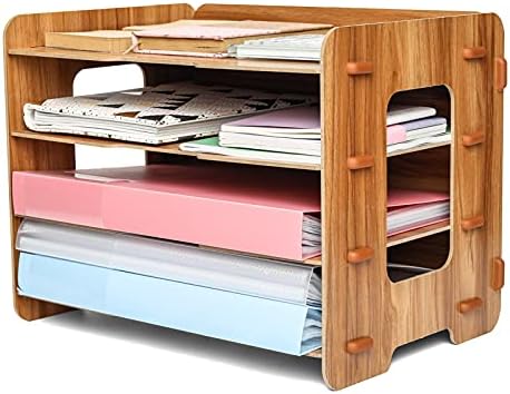 EXERZ Wooden File Organiser 4 Tiers for Desk Tidy, Office Supplies, Document Holder, Student Homework, School Work, Notebook, Letters and Magazine Storage, Stationary (Wooden)