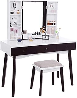BEWISHOME Vanity Set with Mirror, Cushioned Stool, Storage Shelves, Makeup Organizer, 3 Drawers