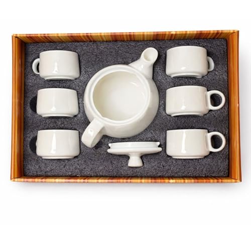 Image of DEEDECOREWAVE-Porcelain Tea Set with Gold Trim, White with Floral Pattern, 6 Cups with Teapot, Decorative Design|Gifting with Golden Color (Pearl White)