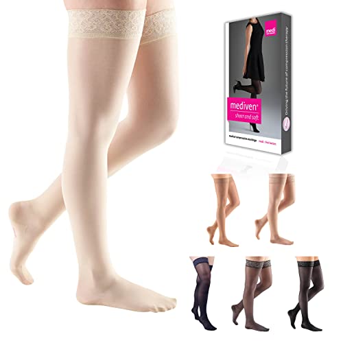 Mediven Sheer & Soft For Women, 20-30 Mmhg Thigh High W/Lace Silicone Top Band Closed Toe Compression Stockings, Wheat, Iv-Standard #TOP18