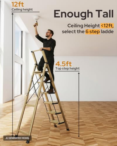 Image of 6 Step Ladder for 12 Feet High Ceiling, Lightweight Aluminum Folding Step Stool with Convenient Handgrip, Stepladders with Anti-Slip and Wide Pedal for Home Use Space Saving - Gold