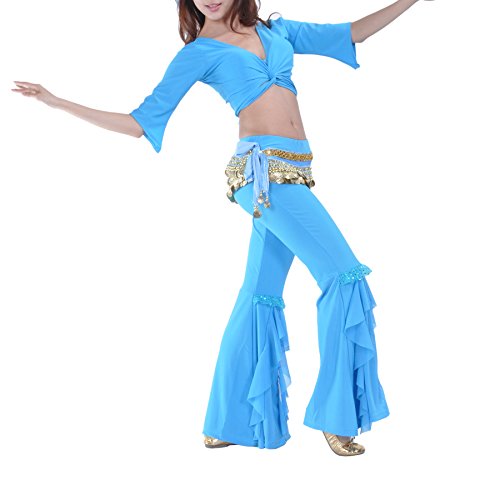 Bellylady Multi-Row Gold Coins Belly Dance Skirt Wrap & Hip Scarf, Gift Idea-Lake Blue #TOP2