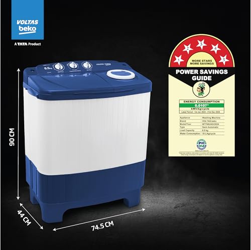 Image of Voltas Beko, A Tata Product 6.5 Kg 5 Star Semi-Automatic Top Loading Washing Machine (WTT65UNX /OK3I0I0W01, Blue, Pulsator wash technology)